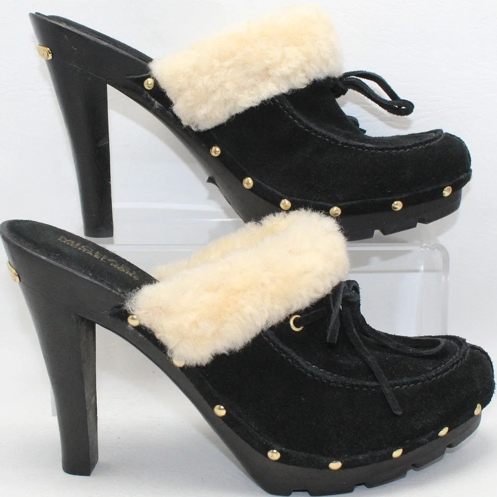 Michael Kors Black Suede‎ Shearling Trim Studded Platform Clogs Heels 8.5M NWOB